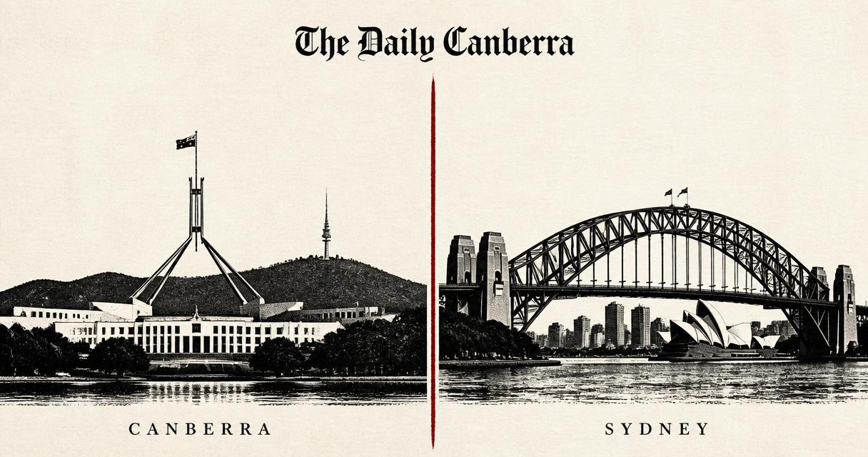 Editorial split illustration: Lisbon on the left and Sydney on the right